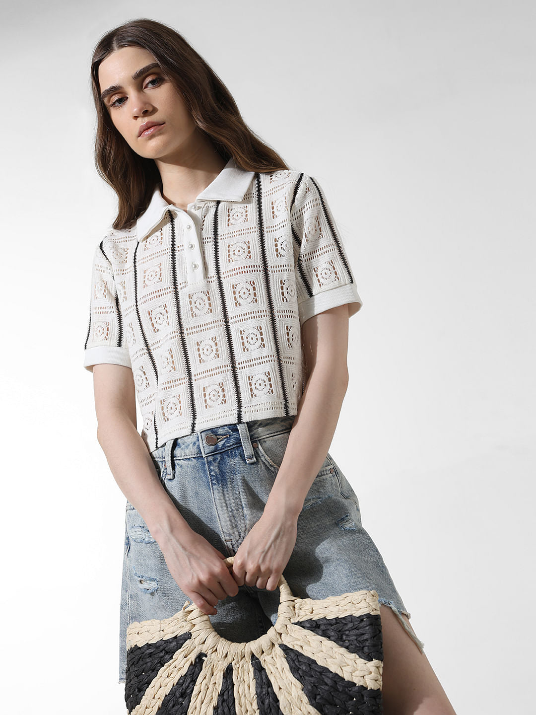 White Crochet Polo T-Shirt