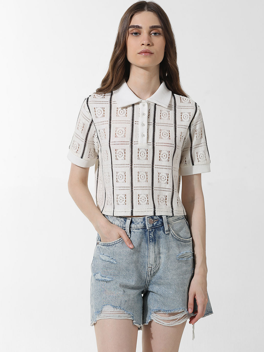 White Crochet Polo T-Shirt