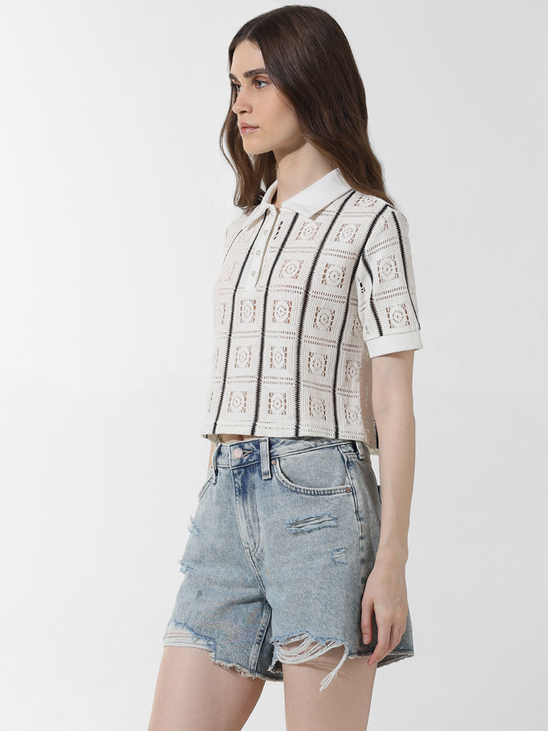 White Crochet Polo T-Shirt
