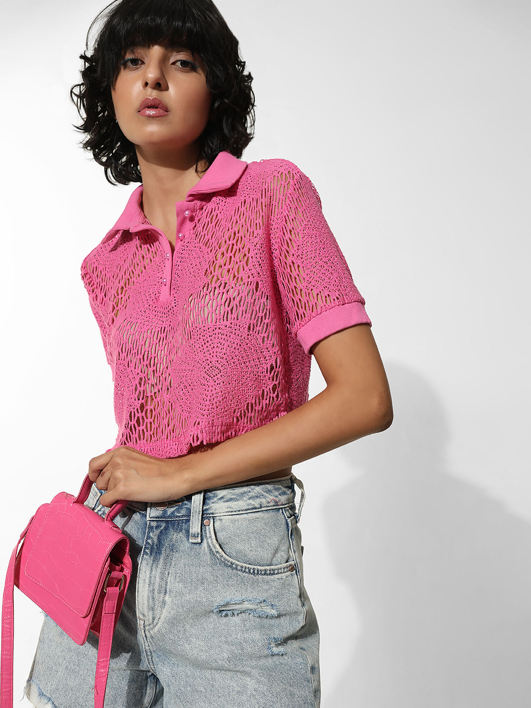 Pink Crochet Polo T-Shirt