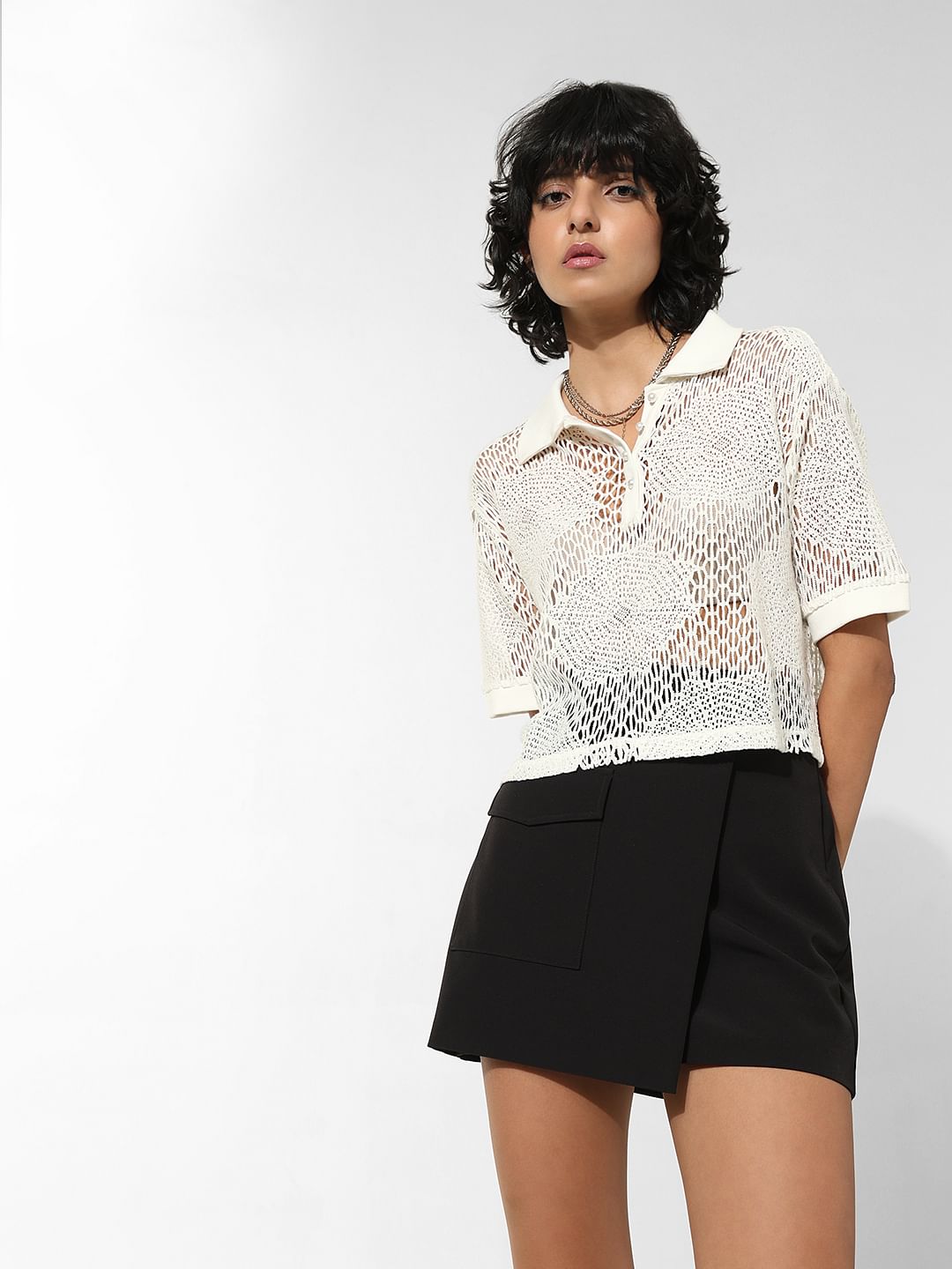 White Crochet Polo T-Shirt