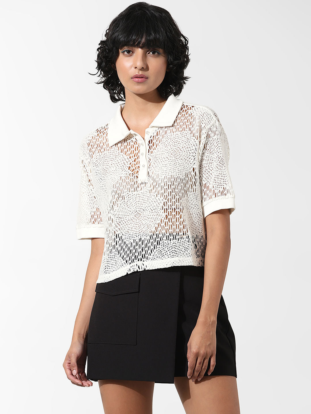 White Crochet Polo T-Shirt