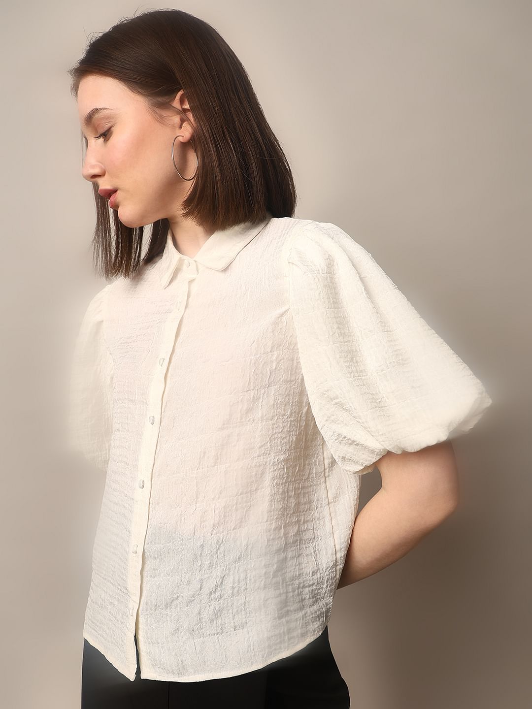 White Textured Balloon Sleeves Shirt
