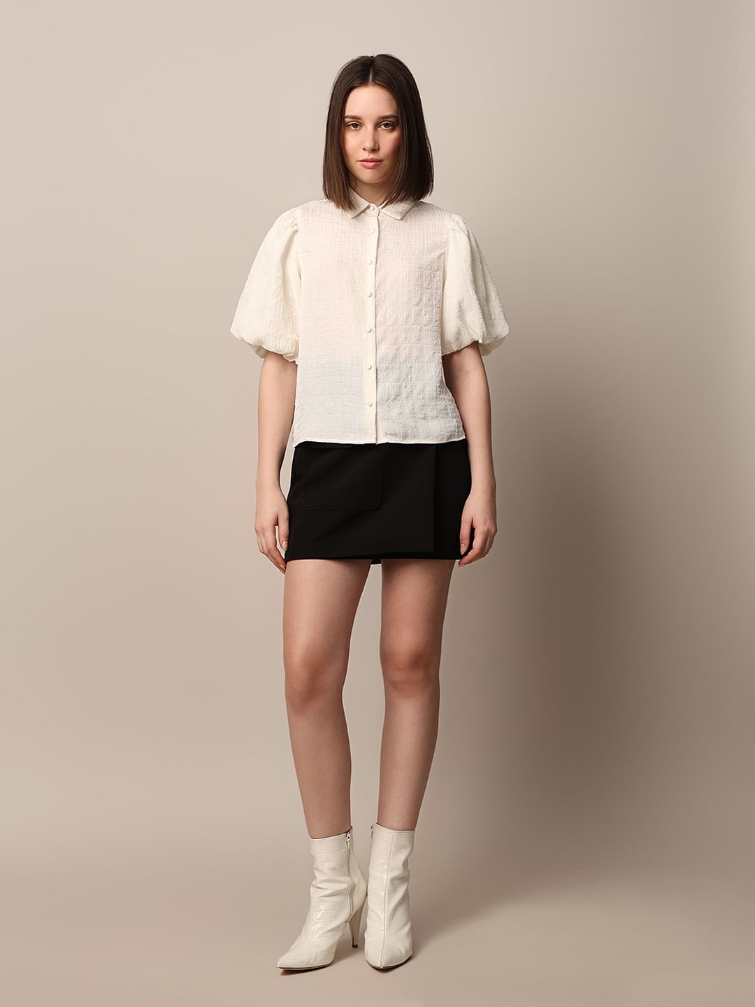White Textured Balloon Sleeves Shirt