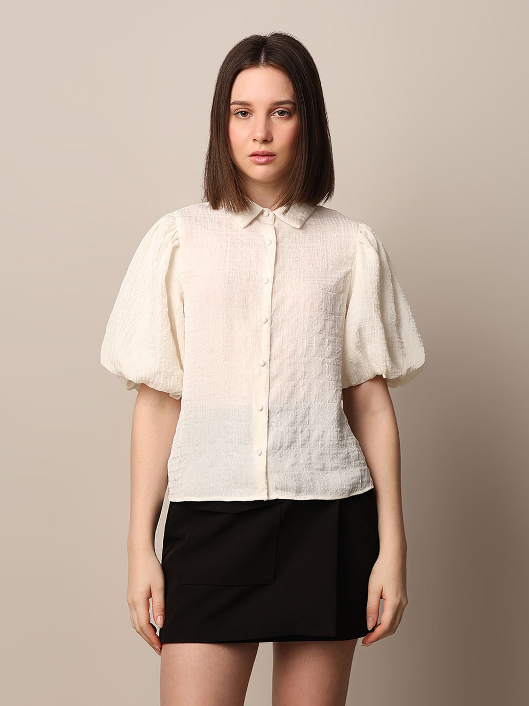White Textured Balloon Sleeves Shirt