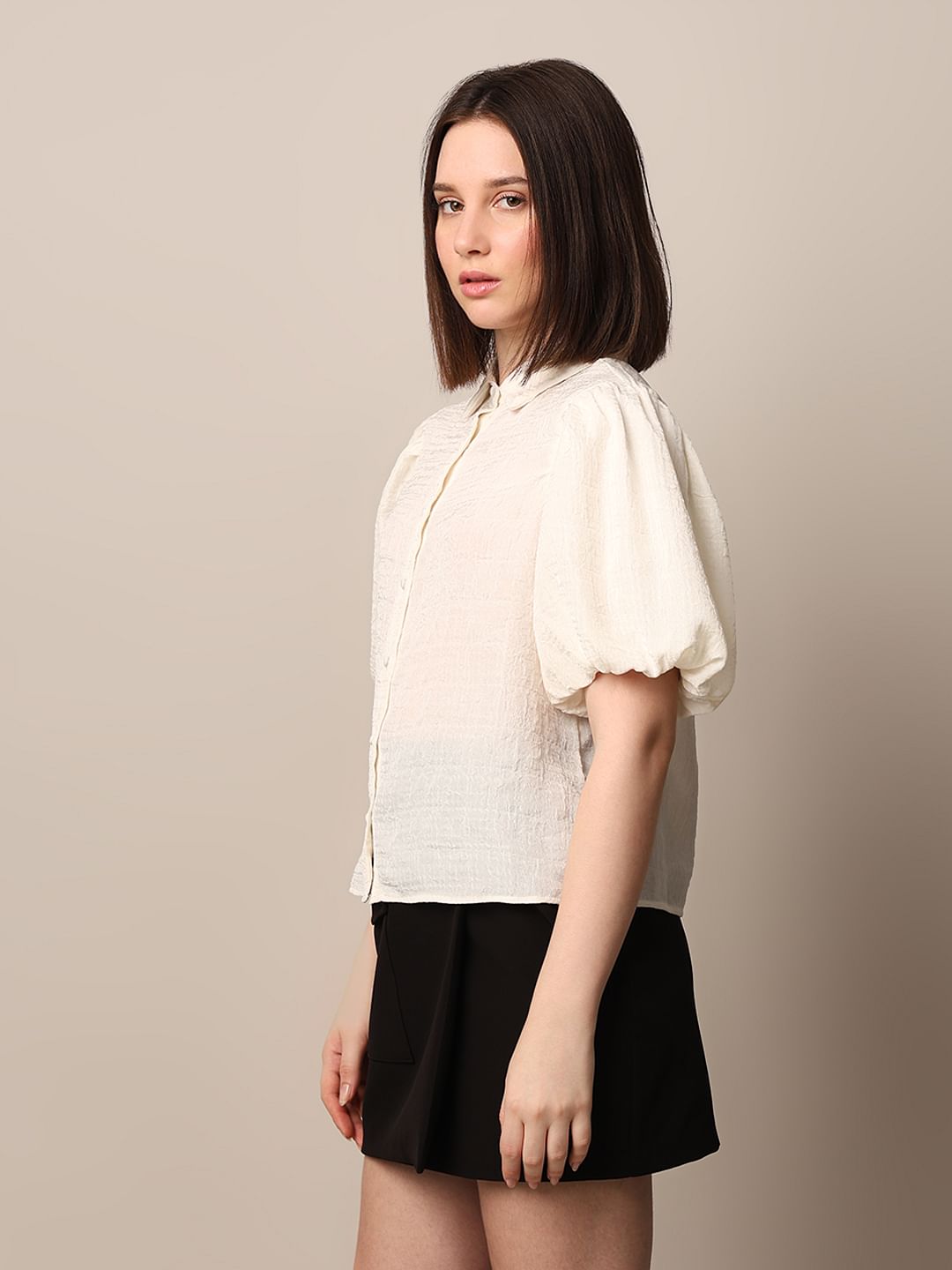 White Textured Balloon Sleeves Shirt