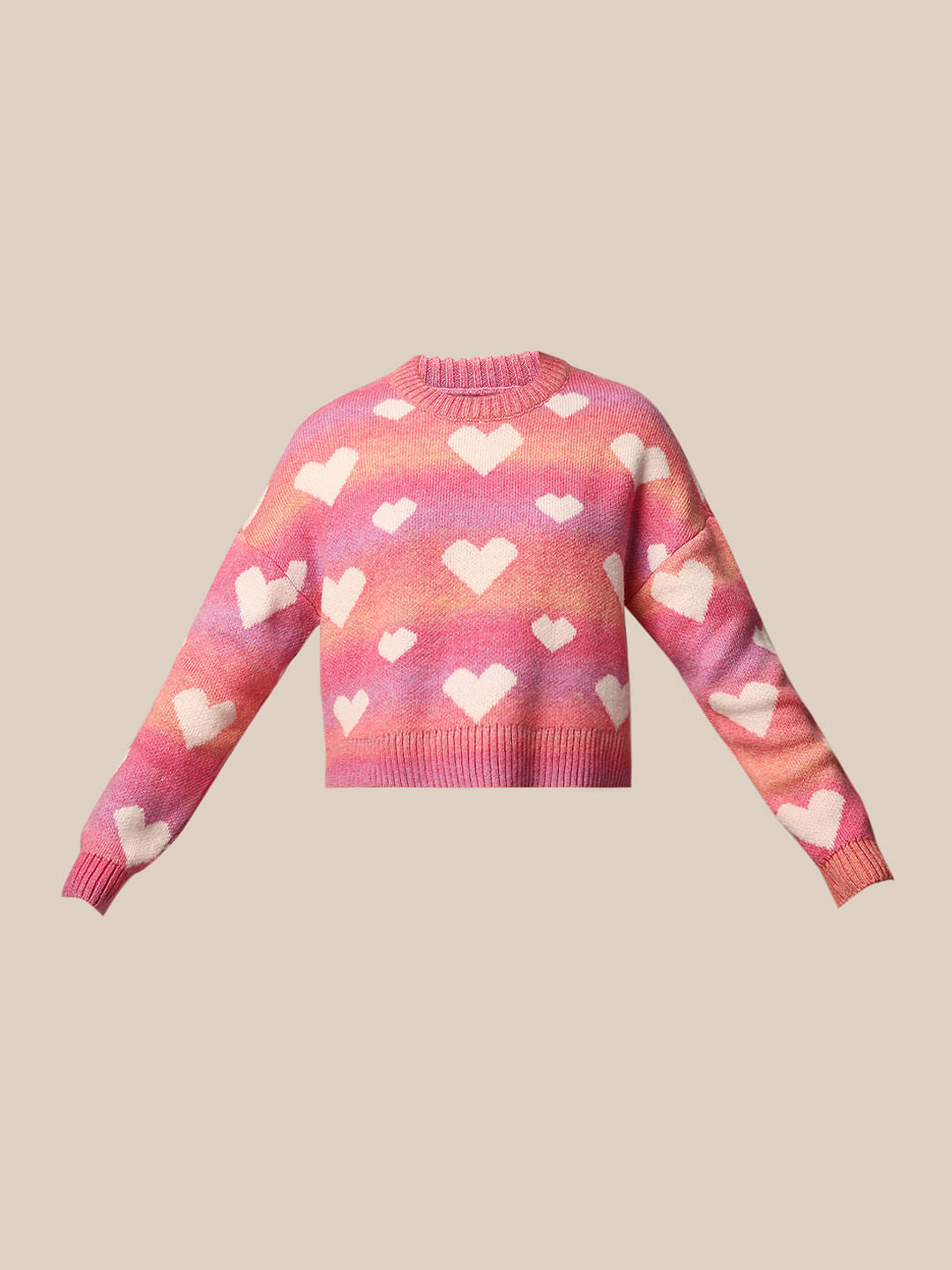 Pink Heart Printed Jacquard Knit Pullover