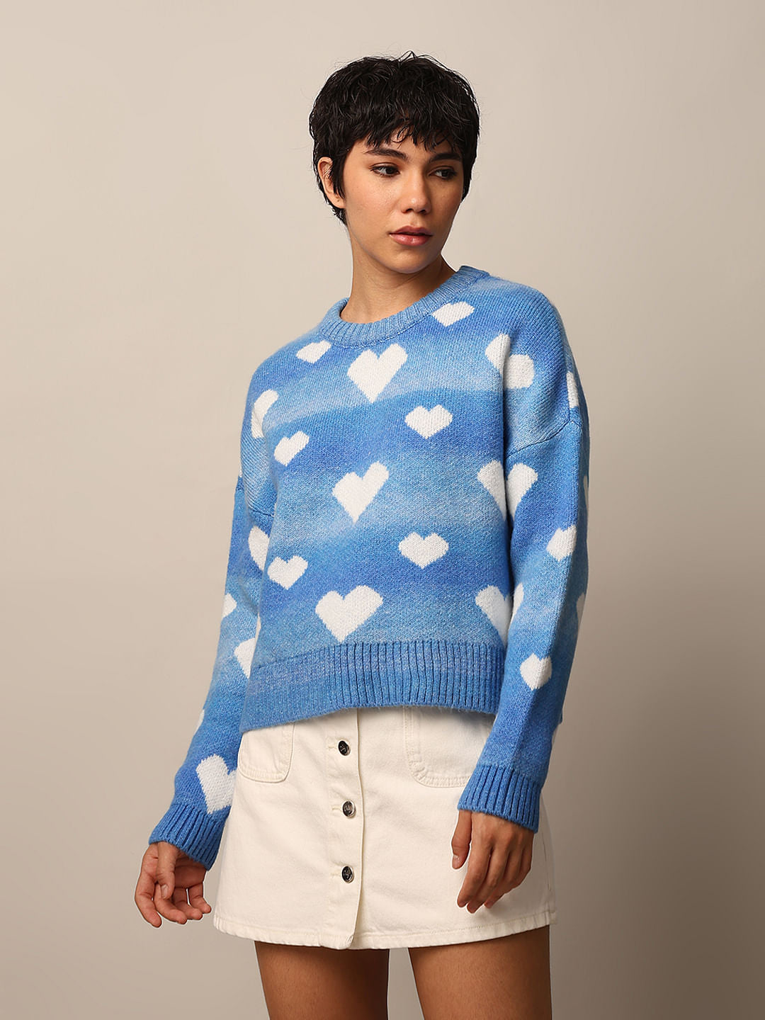 Blue Heart Printed Jacquard Knit Pullover