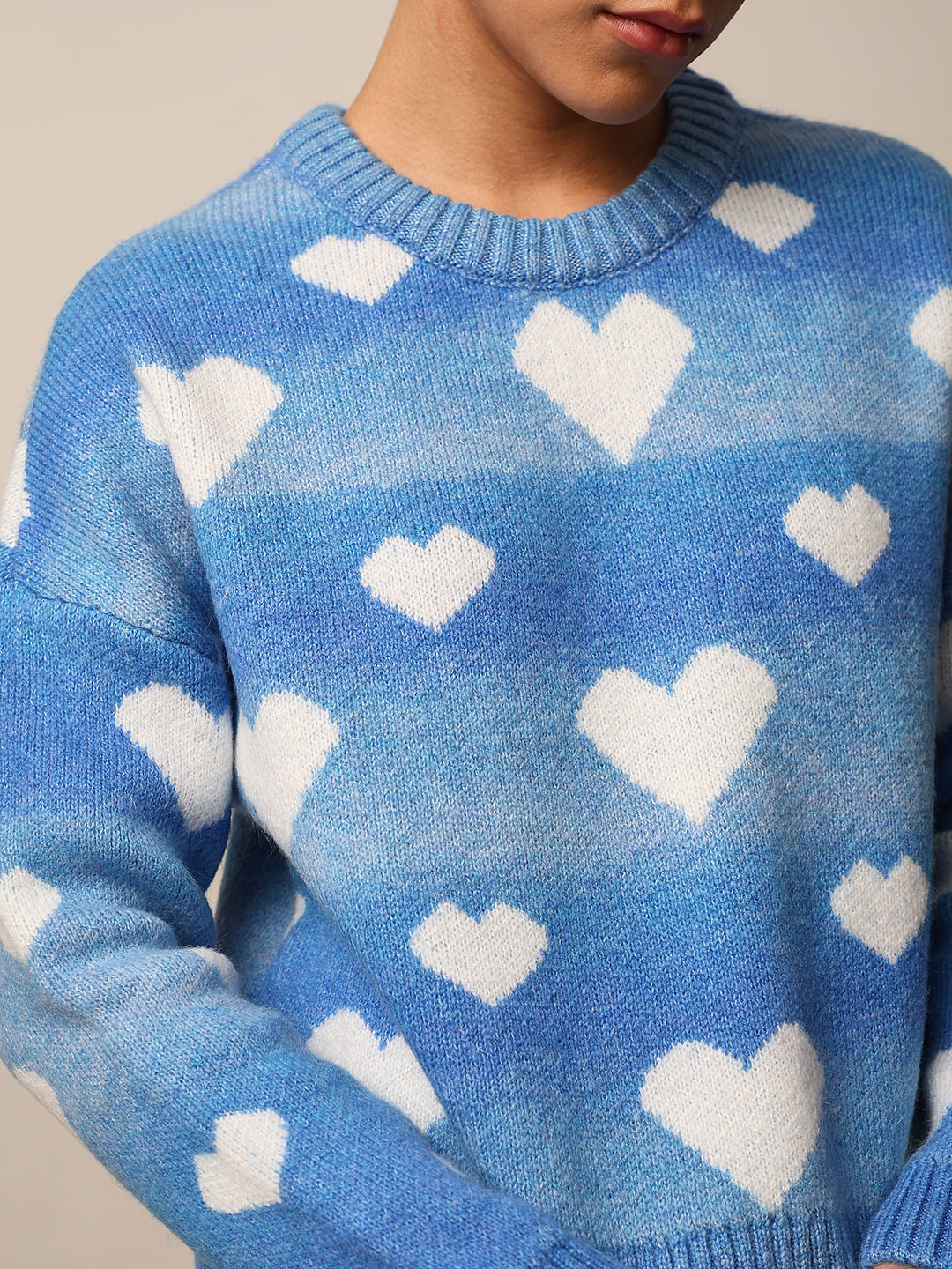 Blue Heart Printed Jacquard Knit Pullover