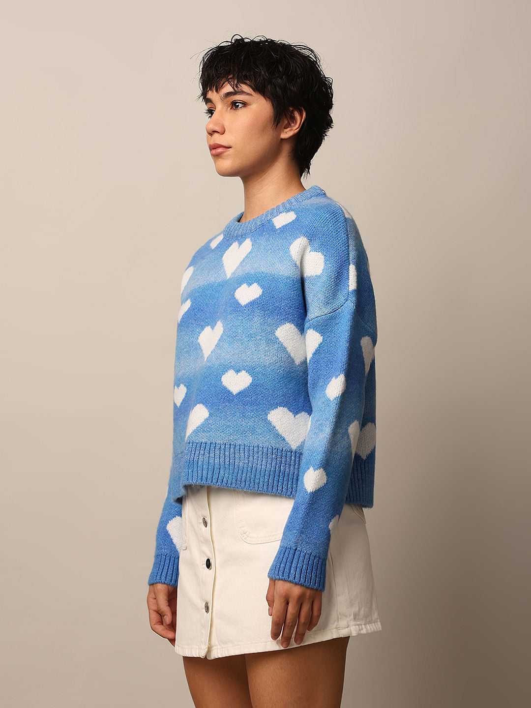 Blue Heart Printed Jacquard Knit Pullover