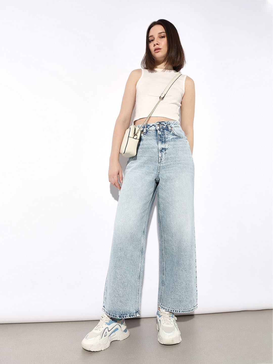 Light Blue High Rise Cotton Wide Leg Jeans - 25