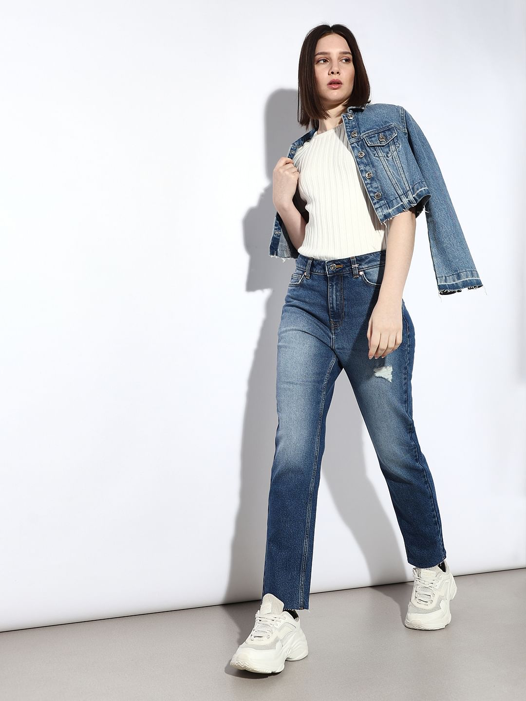 Light Blue Distressed Emily Straight Fit Jeans