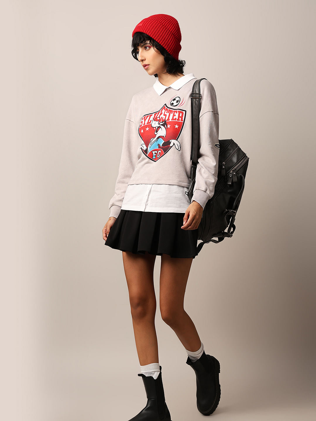 Grey Printed Shirt-Insert Sweatshirt