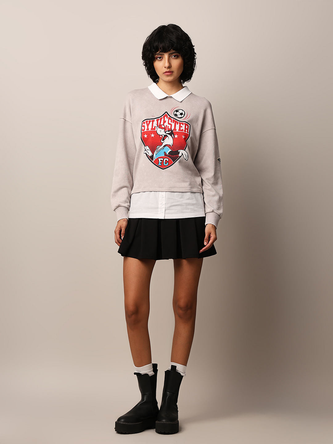 Grey Printed Shirt-Insert Sweatshirt