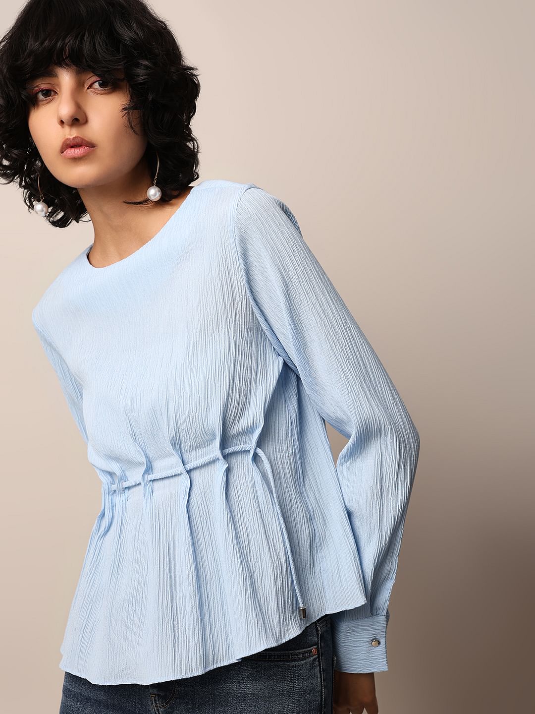 Blue Textured Peplum Top