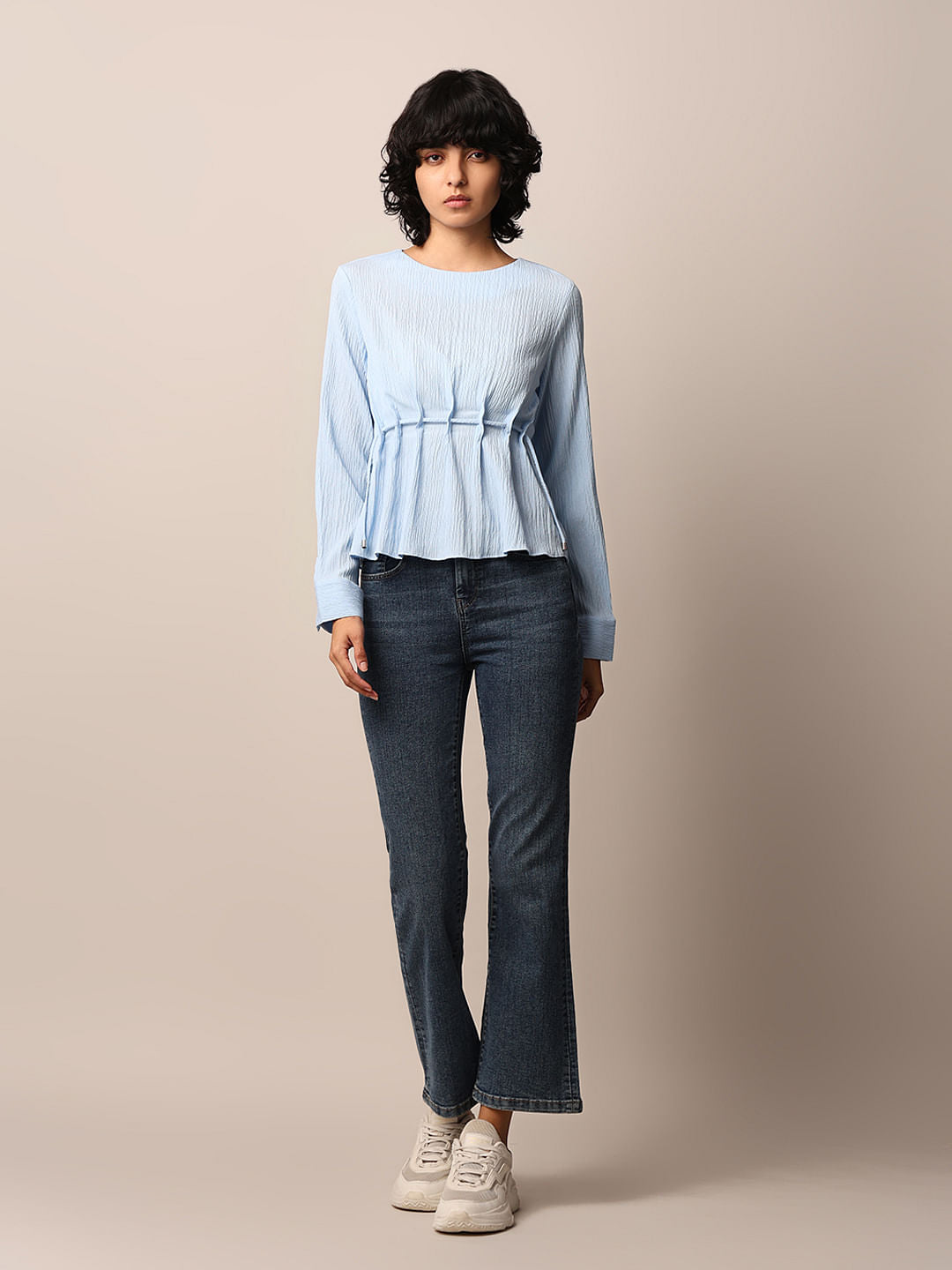 Blue Textured Peplum Top