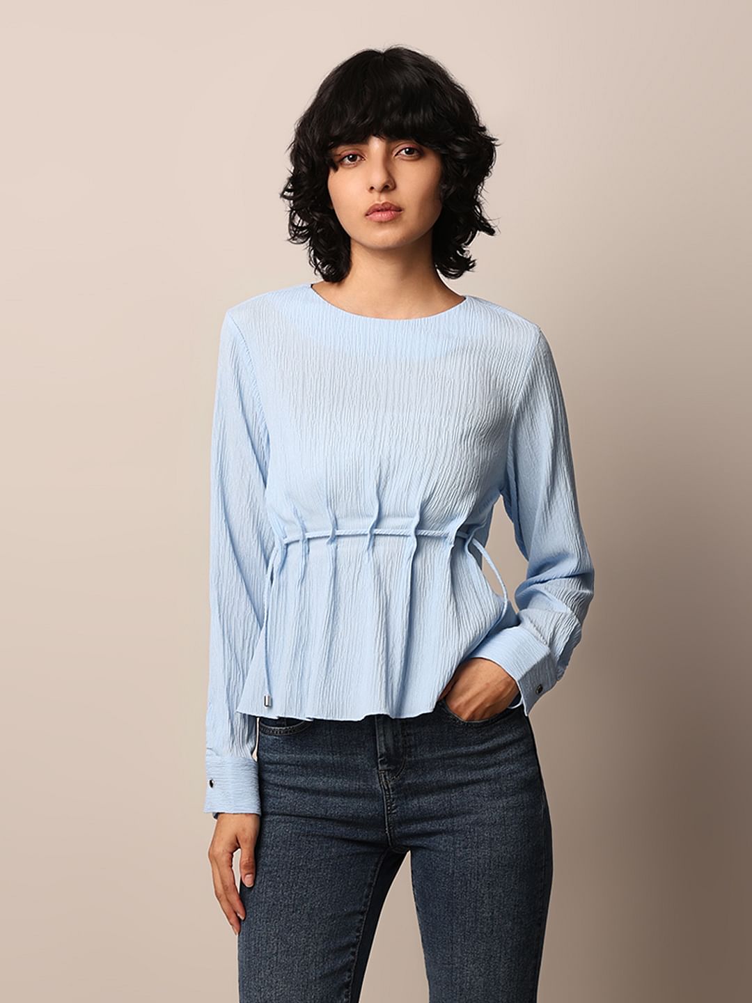 Blue Textured Peplum Top