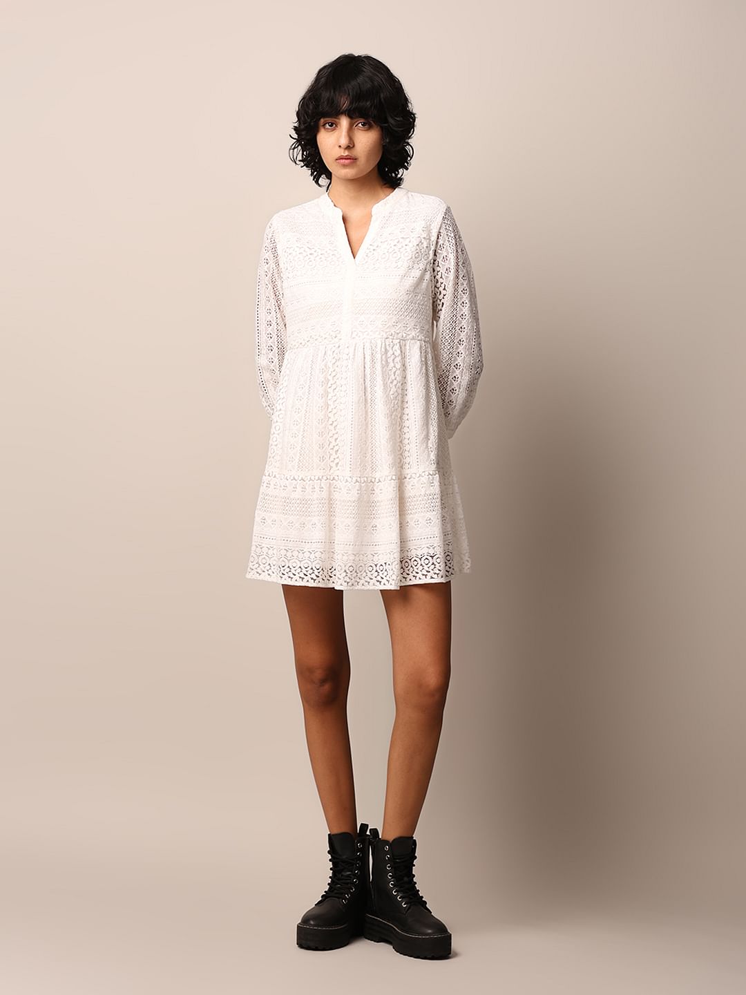 Off-White Lace Flared Dress - L