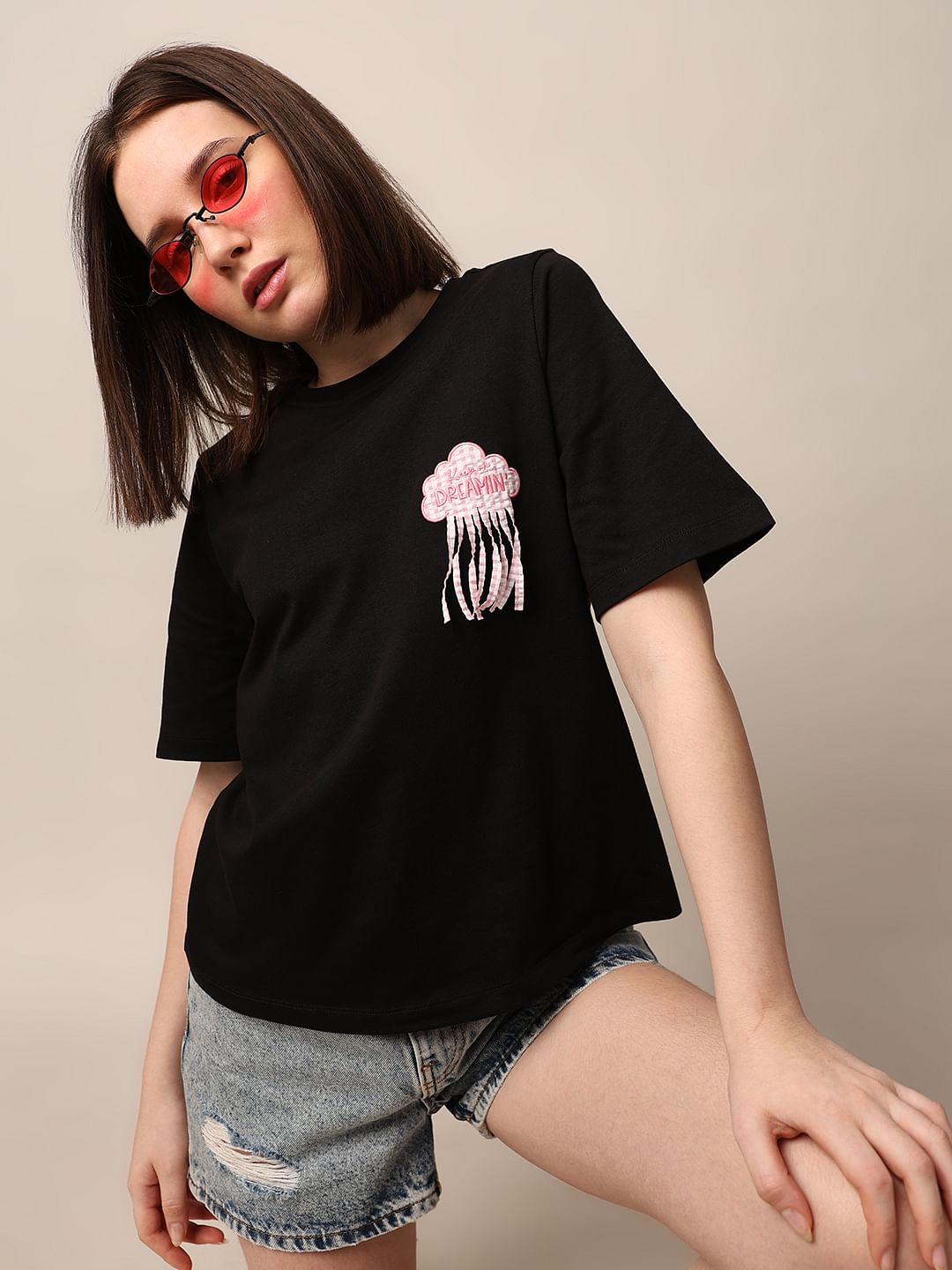 Black Appliqu   Print T-Shirt
