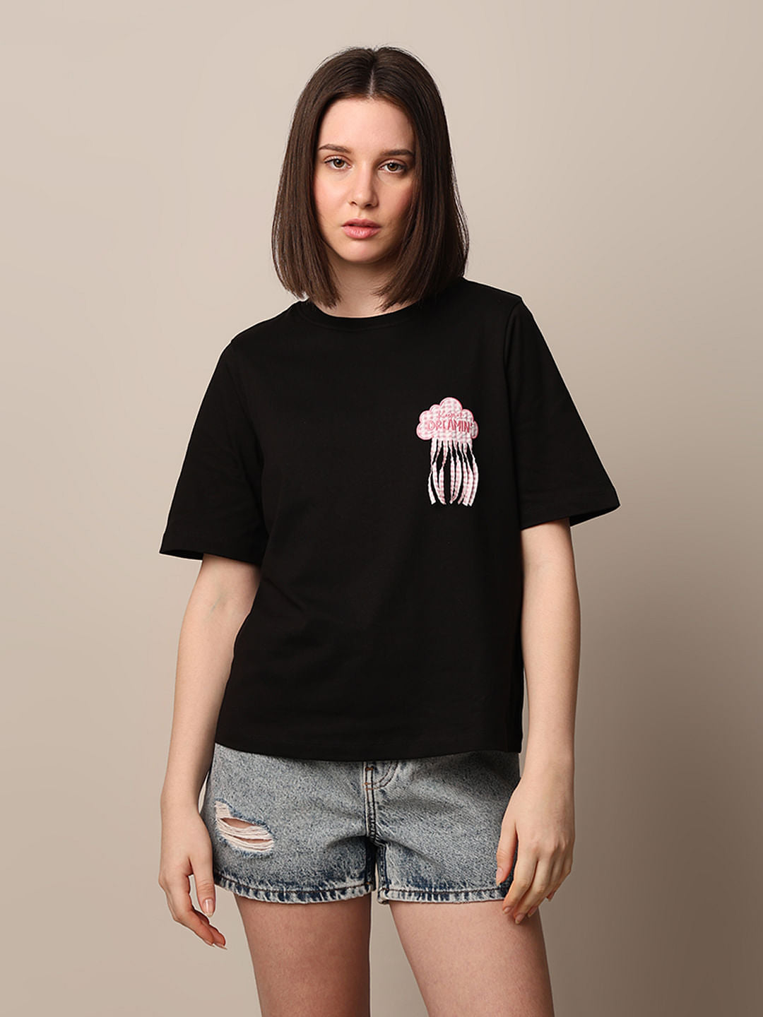 Black Appliqu   Print T-Shirt