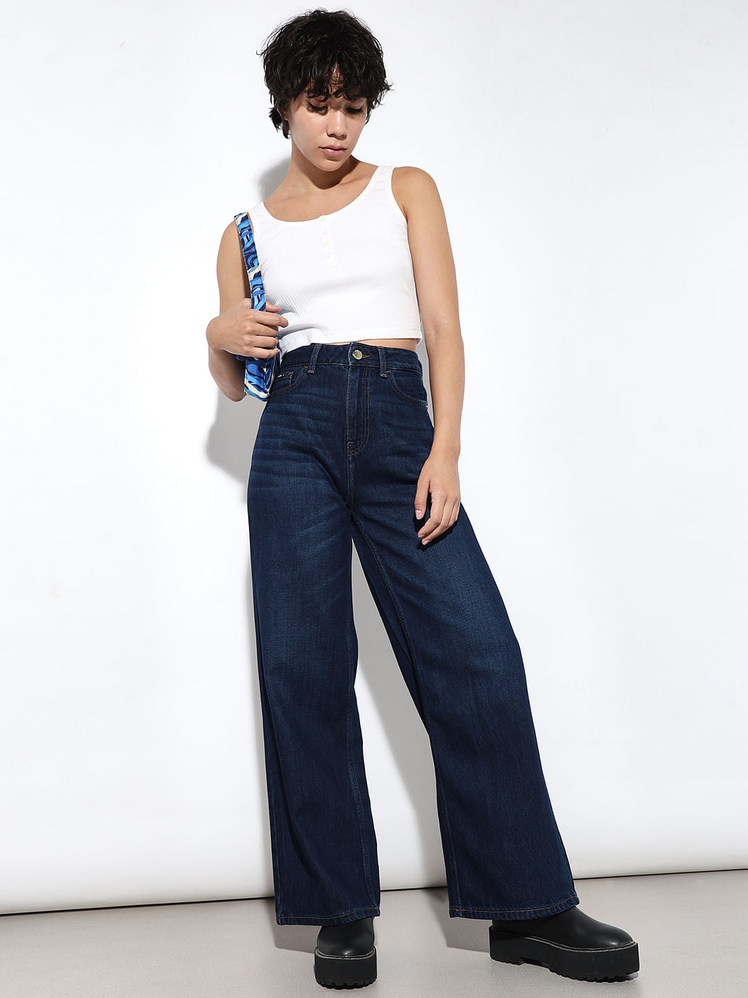Dark Blue High Rise Wide Leg Jeans
