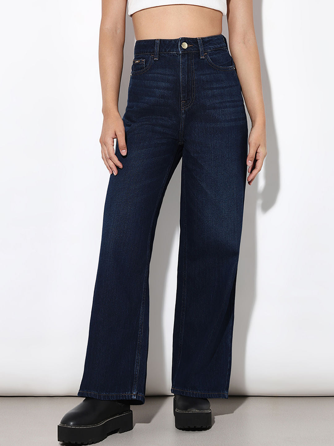 Dark Blue High Rise Wide Leg Jeans