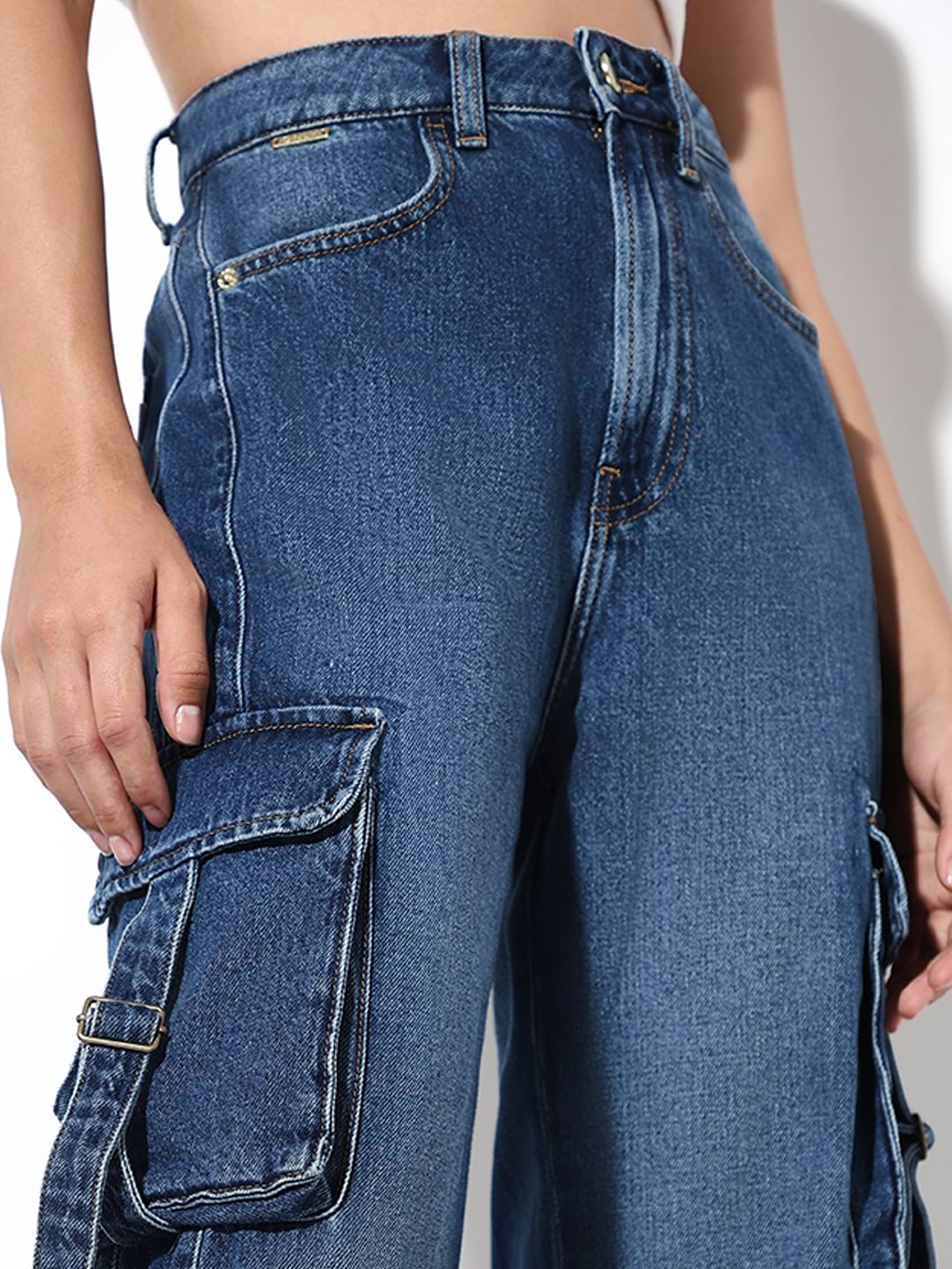 Dark Blue High Rise Cargo Jeans