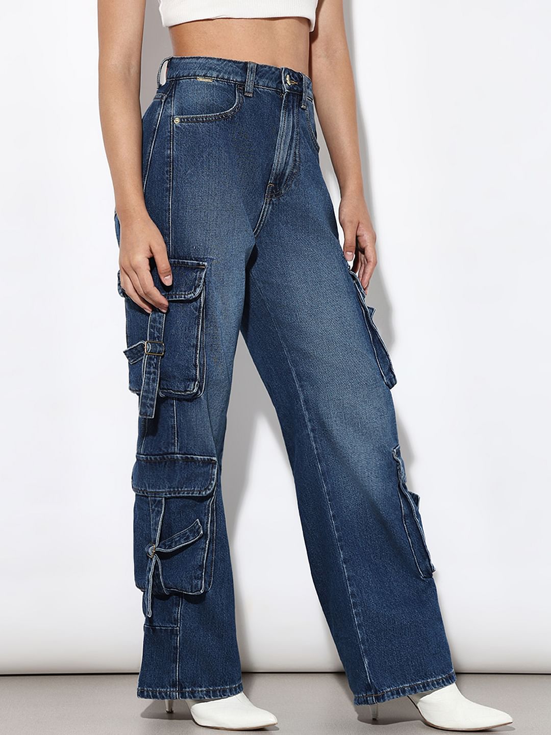 Dark Blue High Rise Cargo Jeans