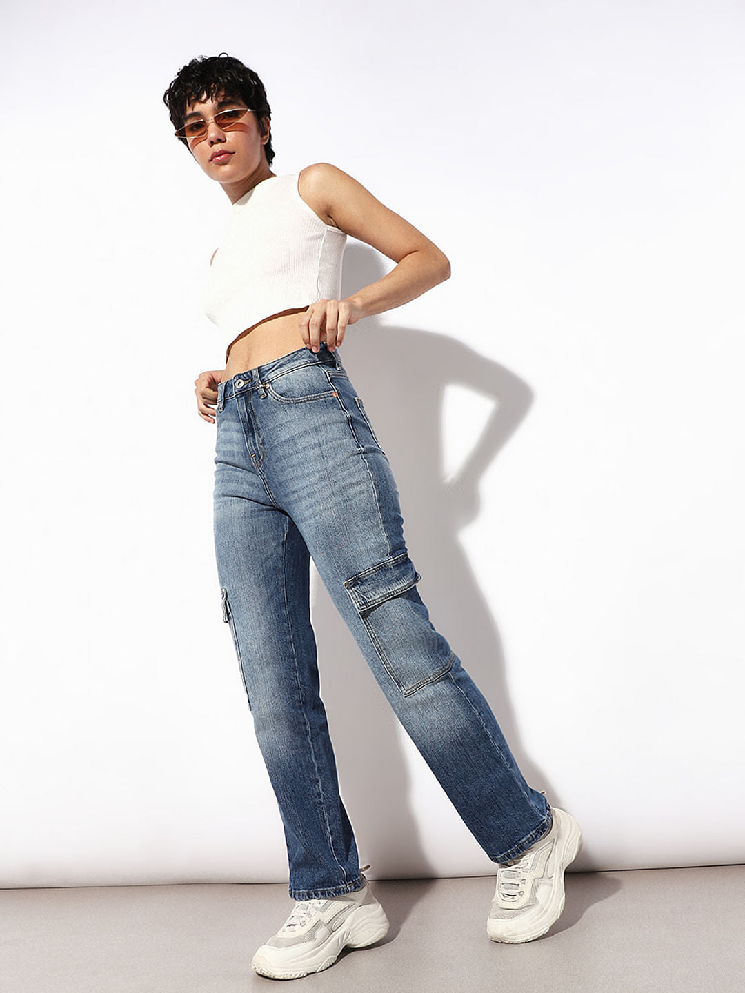 Blue High Rise Cargo Jeans