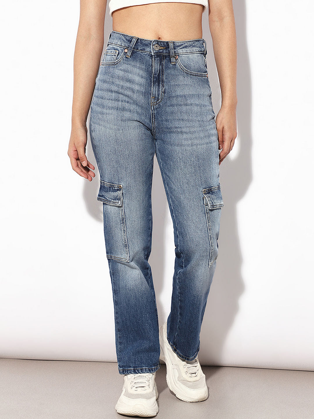 Blue High Rise Cargo Jeans