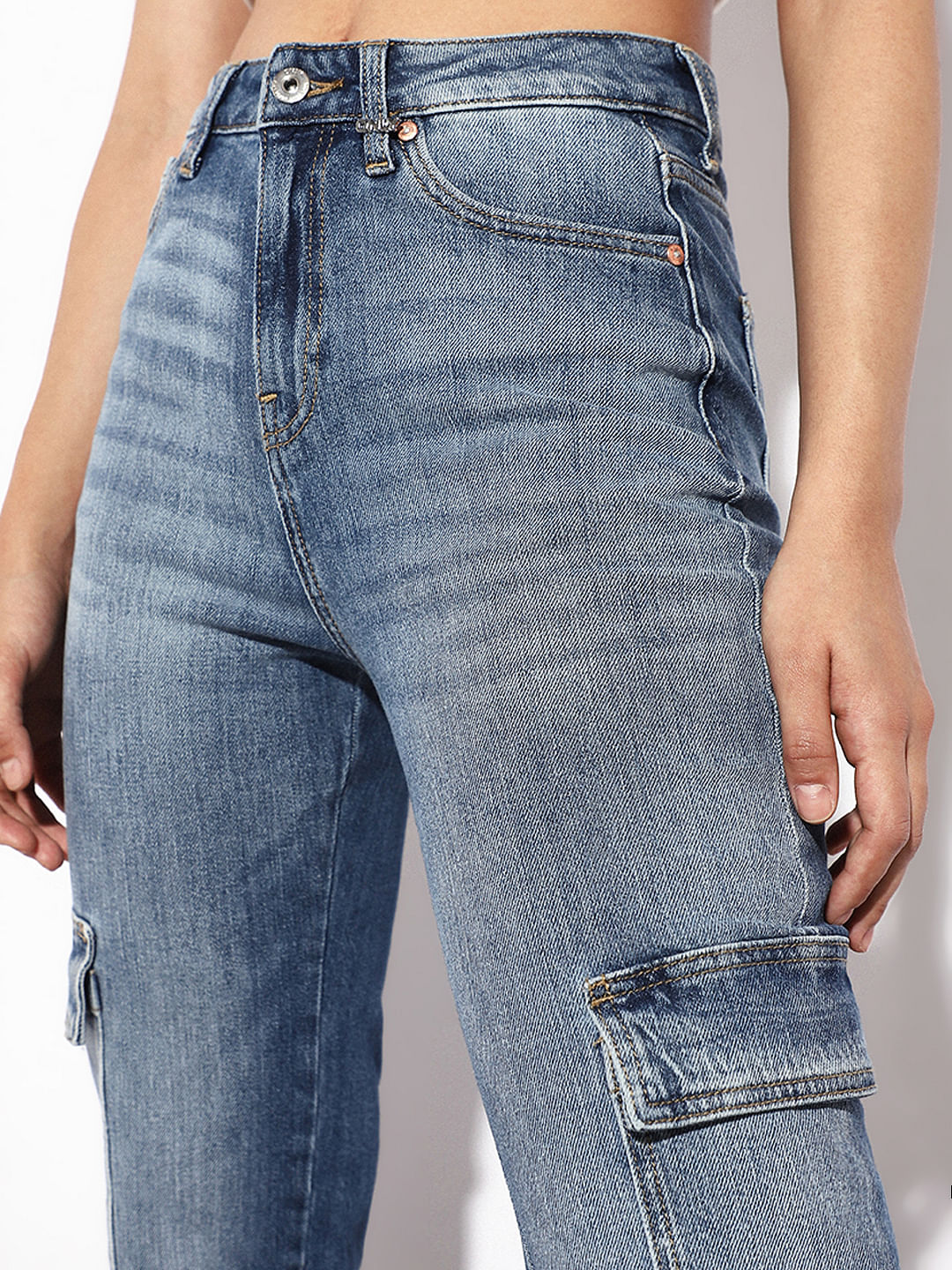 Blue High Rise Cargo Jeans