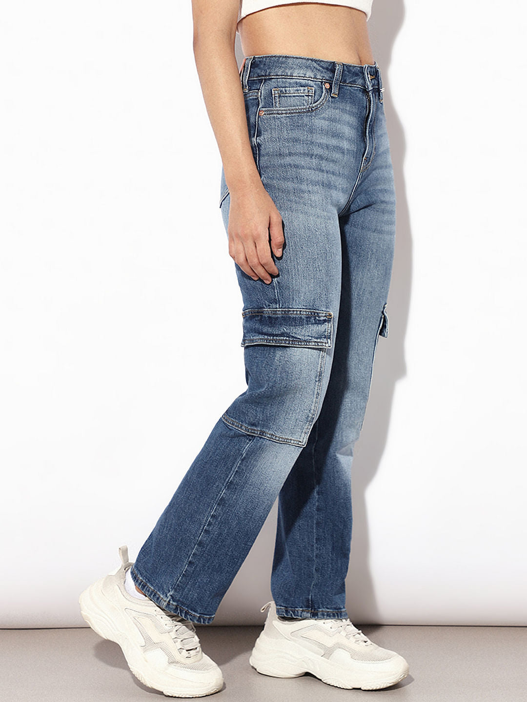 Blue High Rise Cargo Jeans