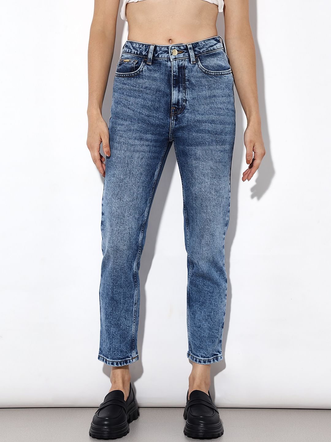 Blue High Rise Washed Straight Fit Jeans