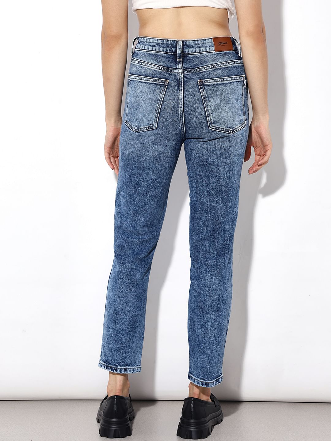 Blue High Rise Washed Straight Fit Jeans