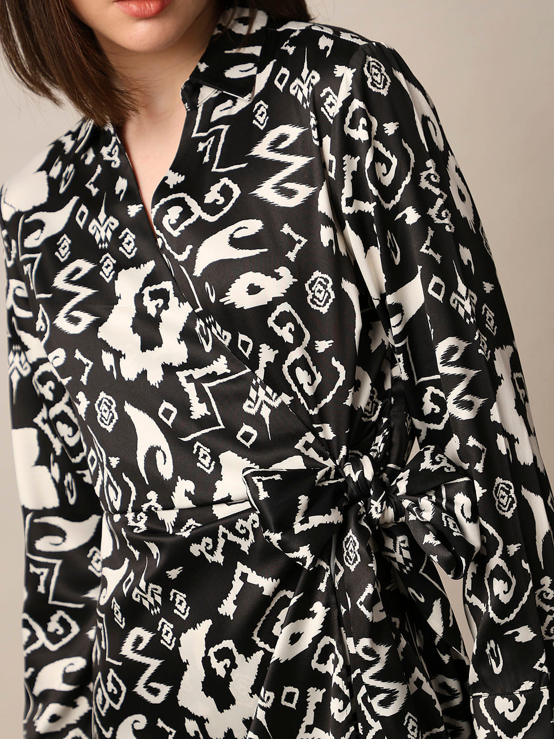 Black Printed Satin Wrap Dress