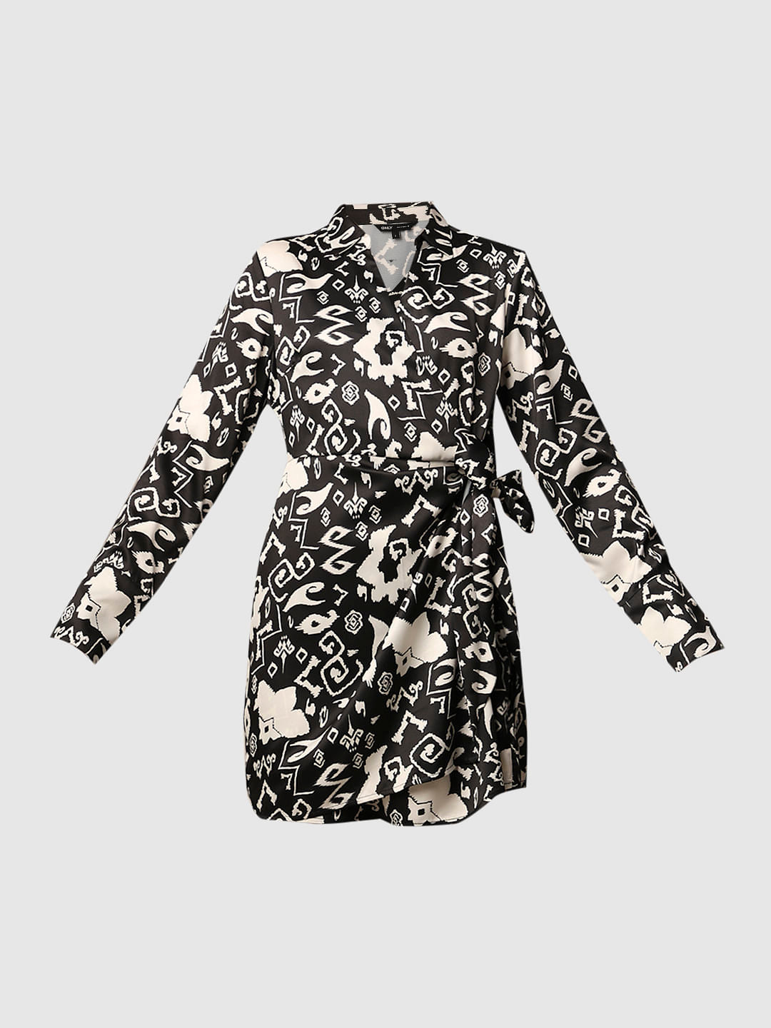 Black Printed Satin Wrap Dress