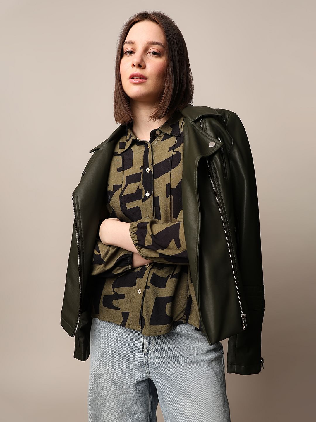 Green Printed Peplum Shirt