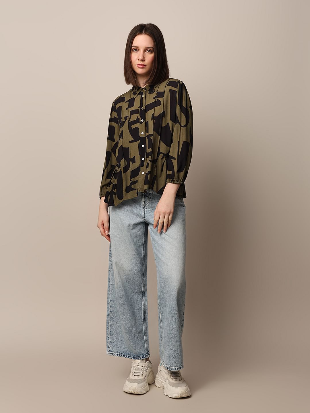 Green Printed Peplum Shirt