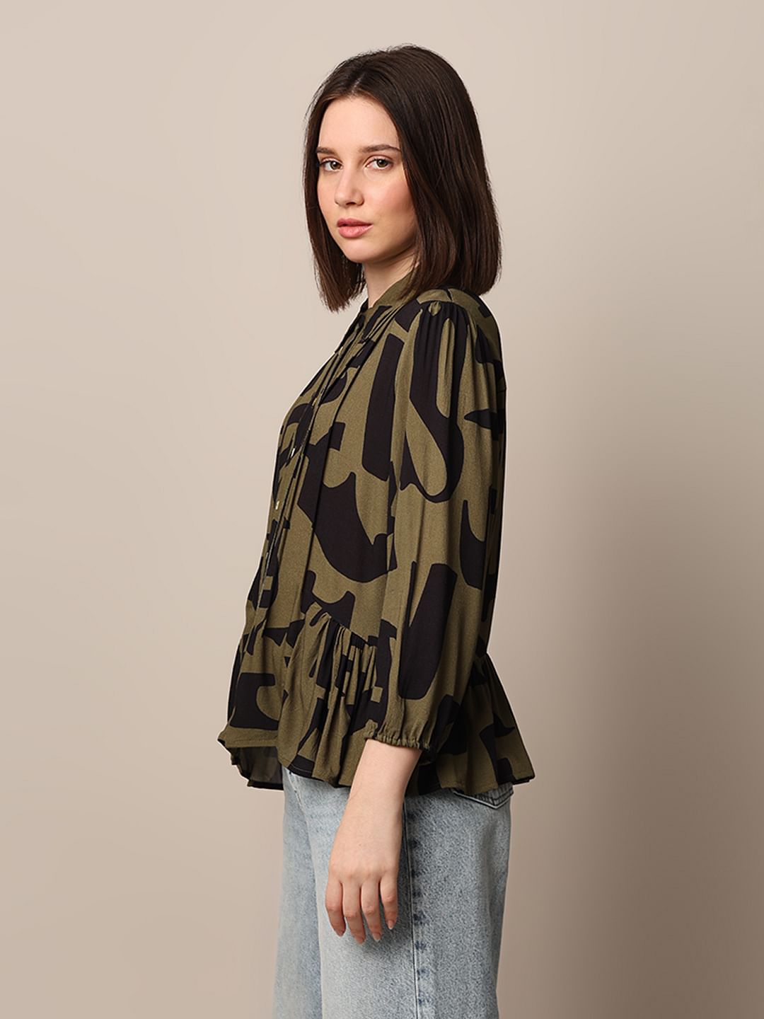 Green Printed Peplum Shirt