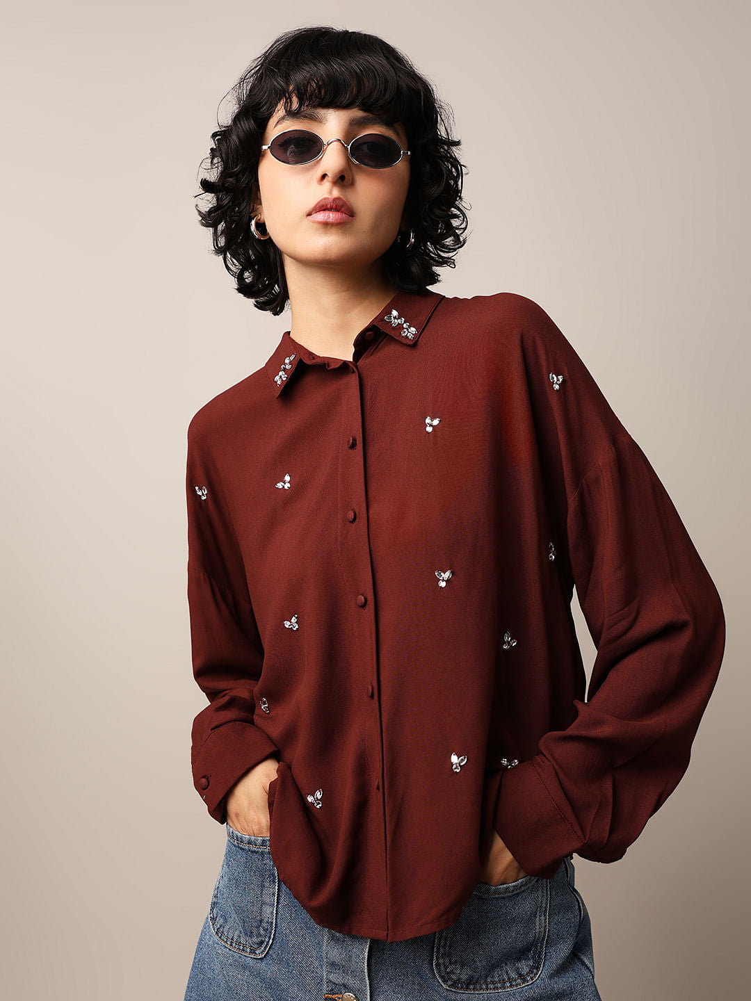 Dark Brown Rhinestone Embellished Shirt - XS