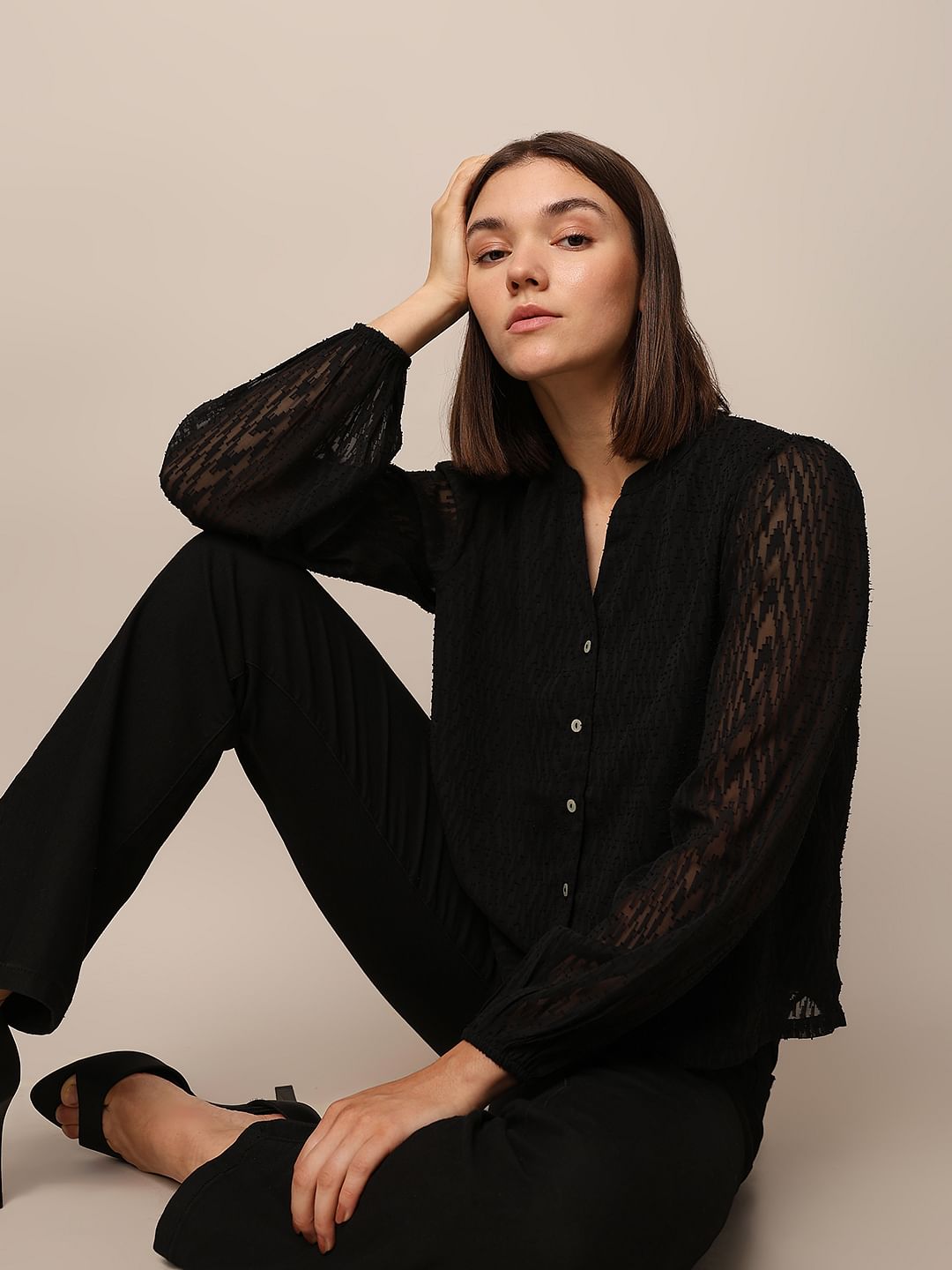 Black Textured V-Neck Top