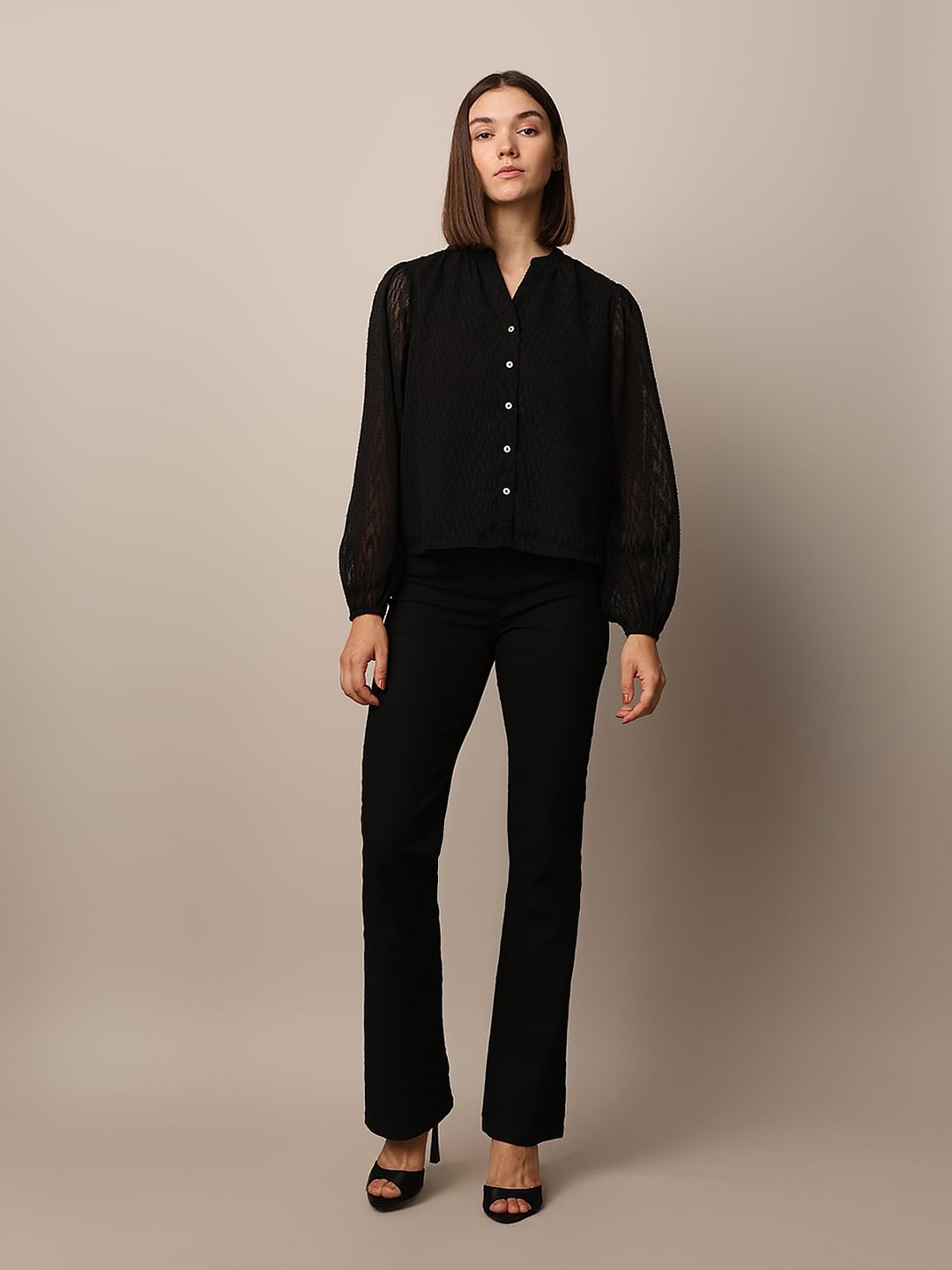 Black Textured V-Neck Top