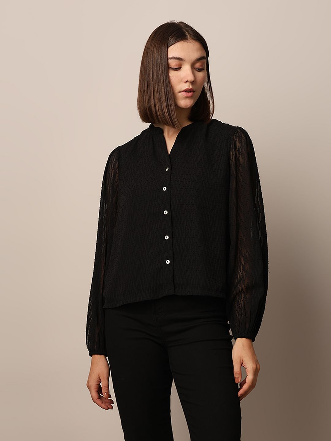 Black Textured V-Neck Top