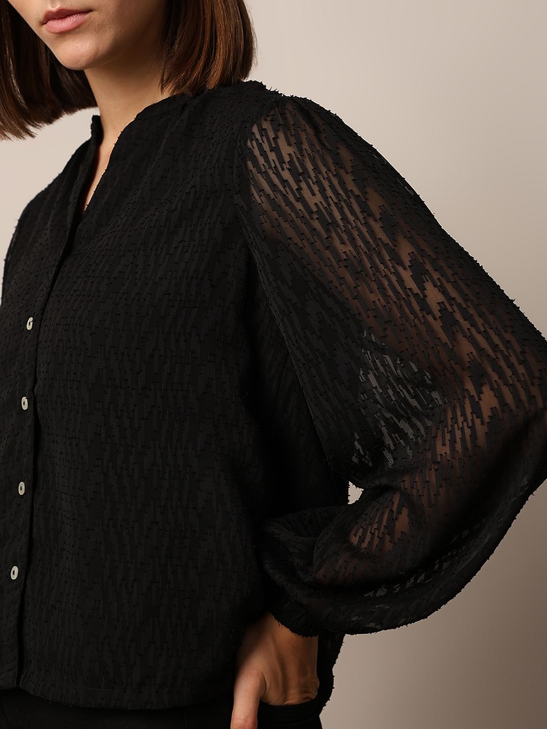 Black Textured V-Neck Top