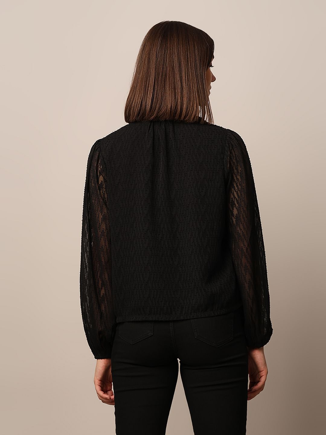 Black Textured V-Neck Top