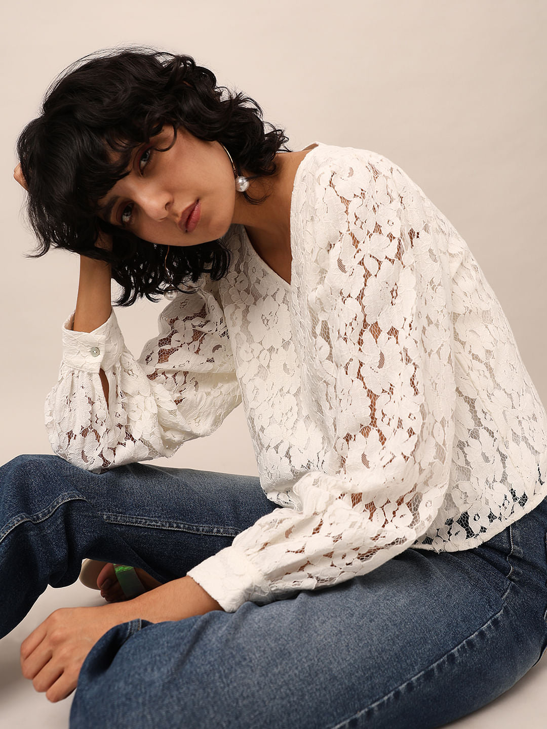 Ecru Puff Sleeves Lace Top - XS