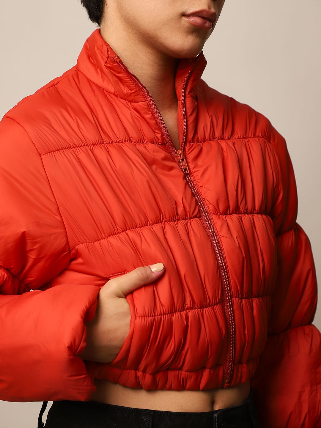 Orange Cropped Puffer Jacket