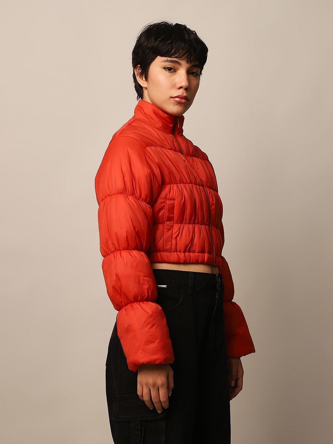 Orange Cropped Puffer Jacket