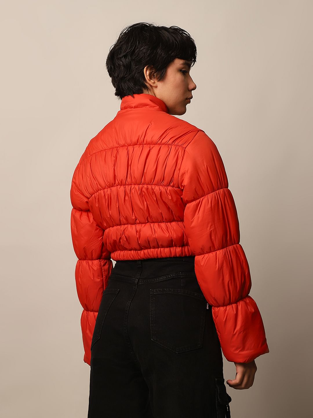 Orange Cropped Puffer Jacket