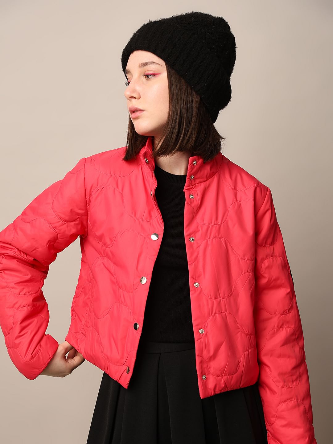 Red Cropped Quilted Puffer Jacket